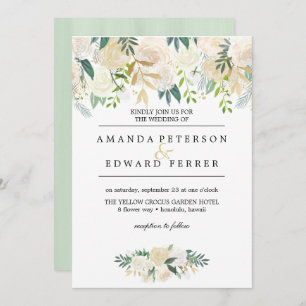 Invitation Ivory Floral Rose verdure menthe mariage
