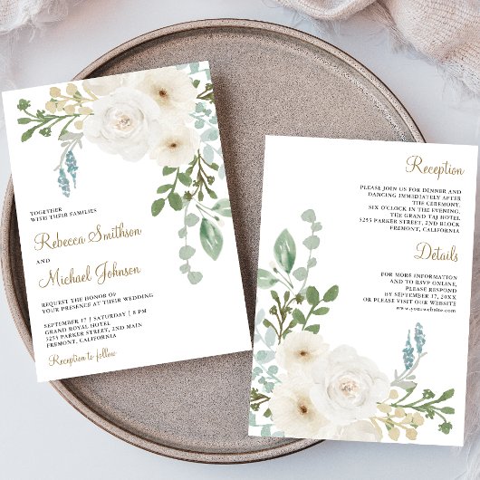 Invitation Ivory Floral Sage Feuilles verts tous en un Mariag
