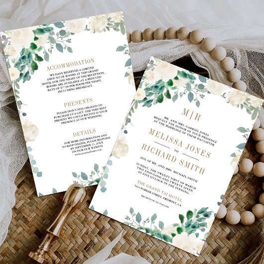 Invitation Ivory Floral Sage Feuilles verts tous en un Mariag