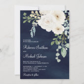 Invitation Ivory Floral Sage Marine Feuille tout en un Mariag (Devant)