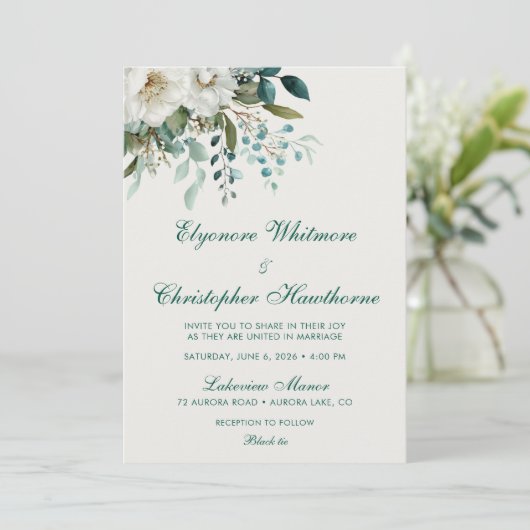 Invitation Ivory Forest Teal Script Floral Wedding (Debout devant)
