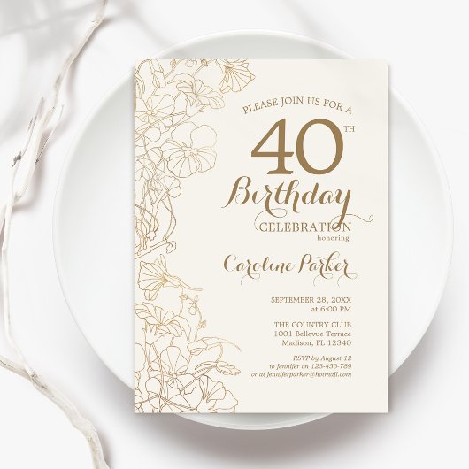 Invitation Ivory Gold Floral 40e fête d'anniversaire