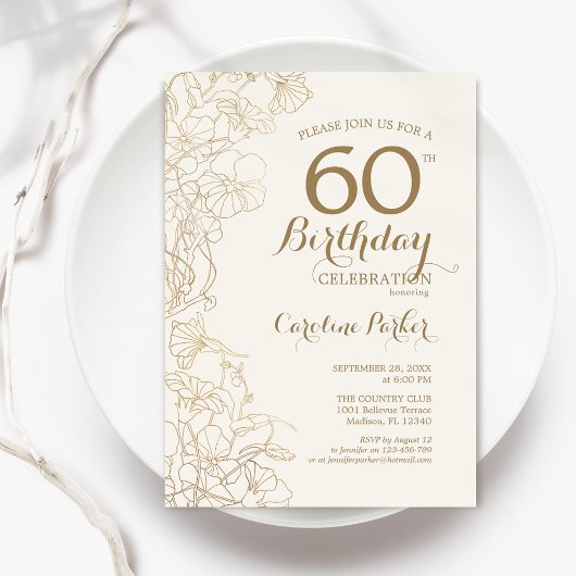 Invitation Ivory Gold Floral 60e fête d'anniversaire
