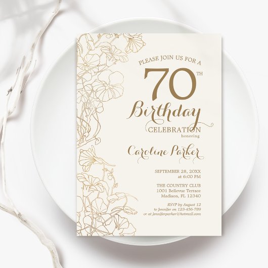 Invitation Ivory Gold Floral 70e fête d'anniversaire