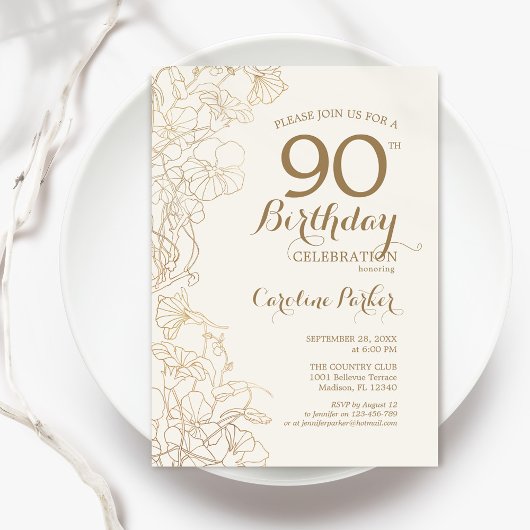 Invitation Ivory Gold Floral 90e fête d'anniversaire