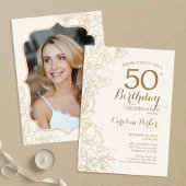 Invitation Ivory Gold Photo 50e fête d'anniversaire