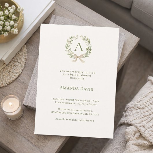 Invitation Ivory greenery bow monogrammed Bridal Shower
