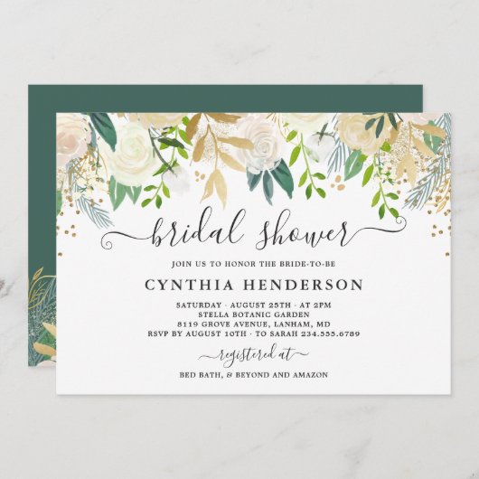 Invitation Ivory Greenery Gold Bloom Floral Fête de Mariage (Devant / Derrière)