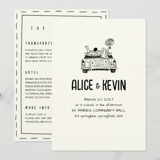 Invitation Ivory Hand Drawn Illustration Minimalist Wedding (Devant / Derrière)