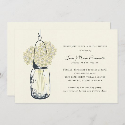 Invitation Ivory Hydrangea & Mason Jar Fête des mariées (Devant / Derrière)
