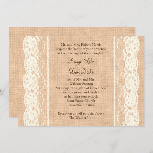 Invitation Ivory Lace and Light Burlap Wedding Invite (Devant / Derrière)
