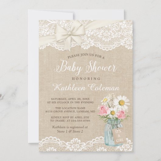 Invitation Ivory Lace Burlap Floral Mason Jar Baby shower (Devant)