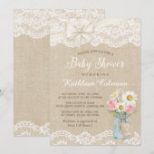 Invitation Ivory Lace Burlap Floral Mason Jar Baby shower (Devant / Derrière)