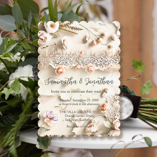 Invitation Ivory Lace Floral Photo Romantic Spring Wedding