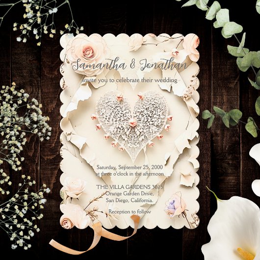 Invitation Ivory Lace Heart Floral Romantic Spring Wedding