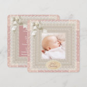 Invitation Ivory Lace Pink Pearl Girls Pink Photo Christening (Devant / Derrière)
