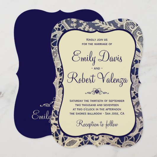 Invitation Ivory Lace Royal Navy Bleu Moderne Mariage officie (Devant / Derrière)