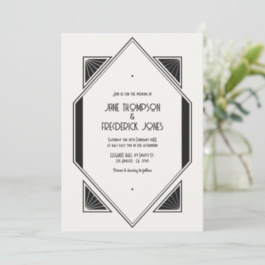 Invitation Ivory Linen & Jet Black Art Deco Wedding Photo (Debout devant)