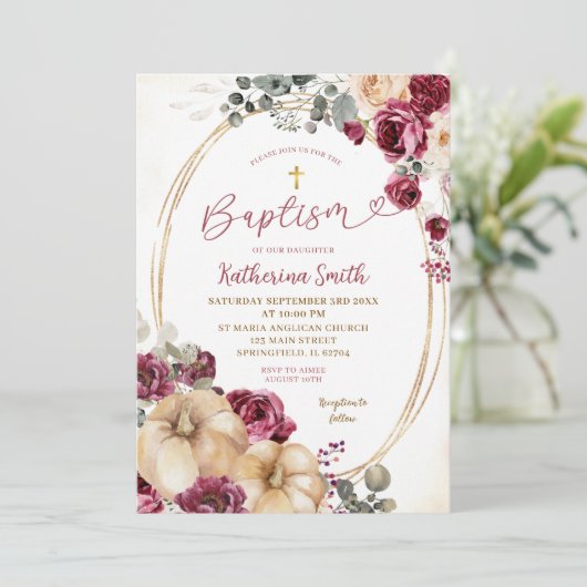 Invitation Ivory Marsala Citrouille Baptême (Debout devant)