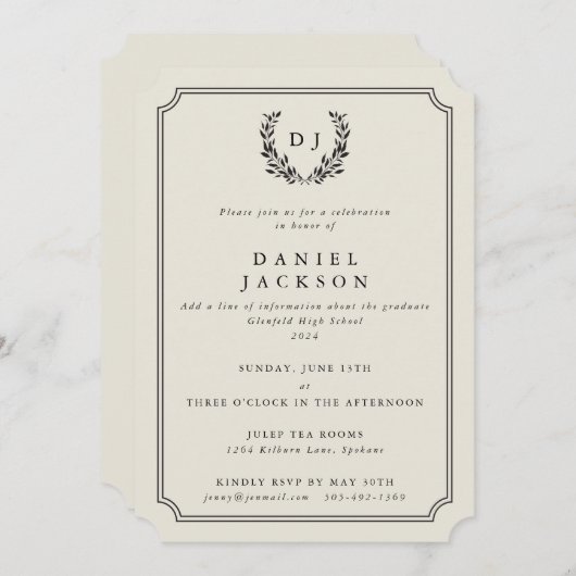 Invitation Ivory Monogram Laurel Wreath Graduation (Devant / Derrière)