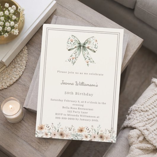Invitation Ivory muted green bow florals birthday