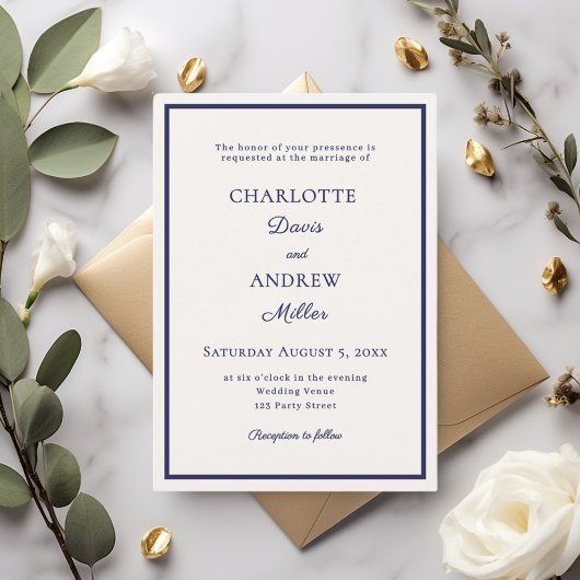 Invitation Ivory navy blue elegant minimalist wedding