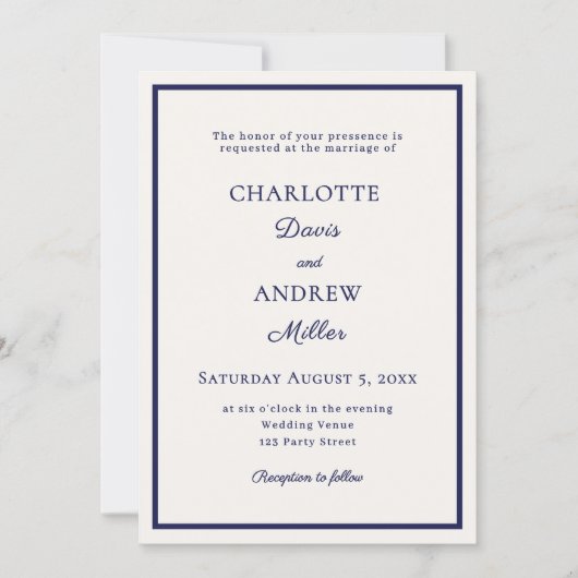 Invitation Ivory navy blue elegant minimalist wedding (Devant)