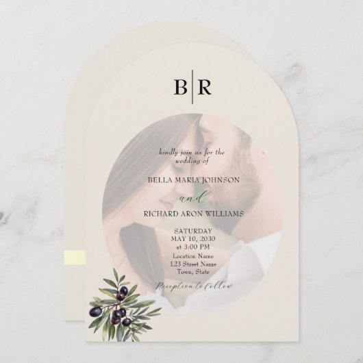 Invitation Ivory Olive Arched Photo Monogram Wedding (Devant / Derrière)