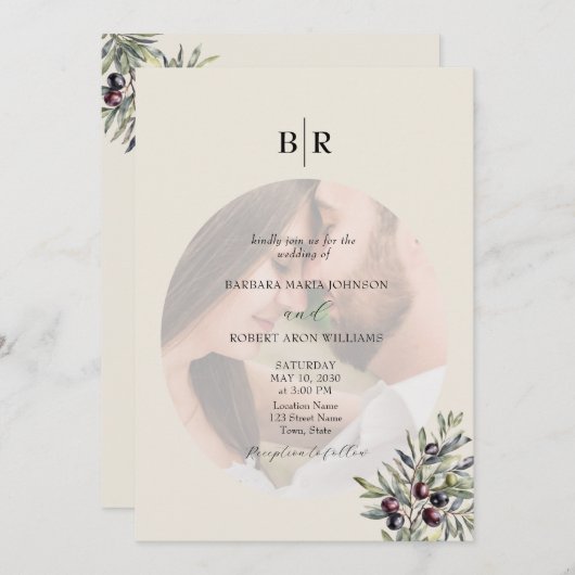 Invitation Ivory Olive Photo Monogram Wedding (Devant / Derrière)