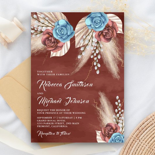 Invitation Ivory Palm Pampas Cinnamon Rose Mariage
