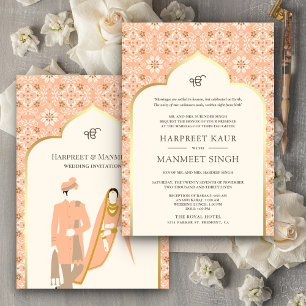 Invitation Ivory Peach Motif Anand Karaj Sikh Mariage