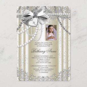 Invitation Ivory Pearl Cross Photo Première communion