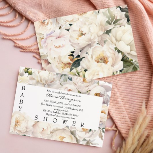 Invitation Ivory Peony Floral Neutral Baby Shower