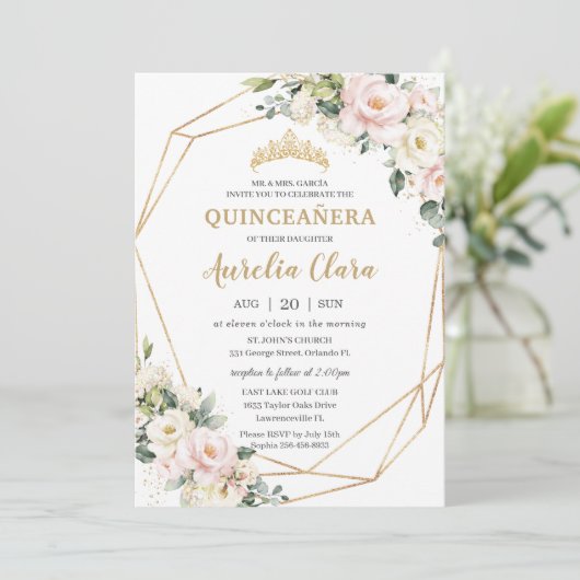 Invitation Ivory Rose Blush Floral Géométrique Quinceañera (Debout devant)