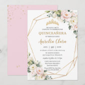 Invitation Ivory Rose Blush Floral Géométrique Quinceañera (Devant / Derrière)
