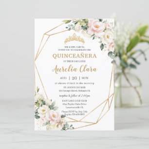 Invitation Ivory Rose Blush Floral Géométrique Quinceañera