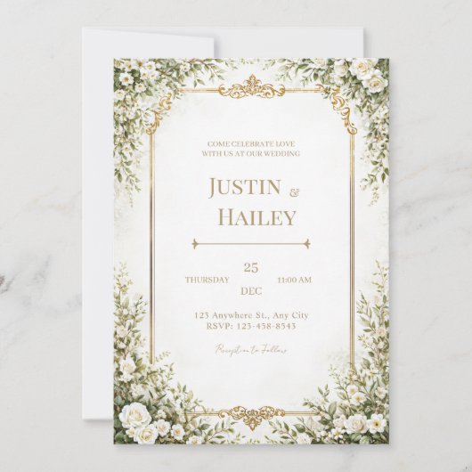 Invitation Ivory Rose Ornate Gold Border Wedding (Devant)
