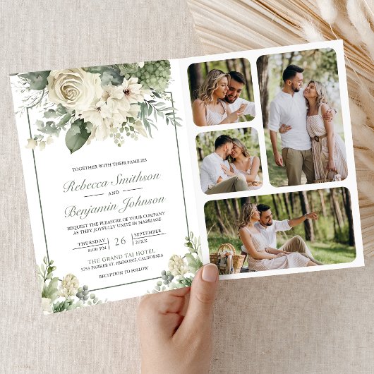 Invitation Ivory Rose Sage Green Floral Photo QR Code Wedding