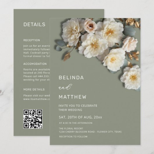 Invitation Ivory Roses Fleurs 3D Sage Vert Tout-En-Un (Devant / Derrière)