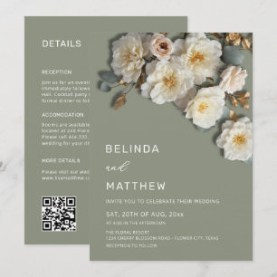 Invitation Ivory Roses Fleurs 3D Sage Vert Tout-En-Un