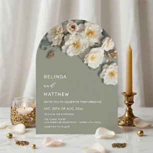 Invitation Ivory Roses Fleurs 3D Vert Sauge Archi Mariage