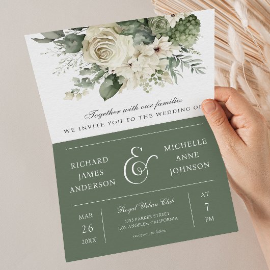 Invitation Ivory Roses Vert Sauge Code QR Mariage