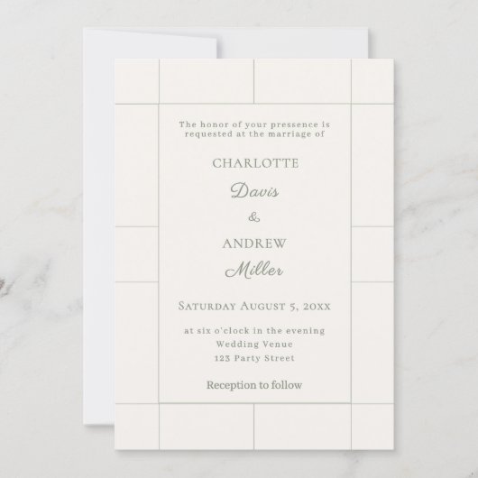 Invitation Ivory sage green checked modern Wedding (Devant)