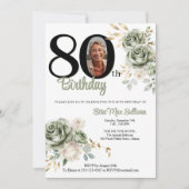 Invitation Ivory Sage vert Roses Floral 80e anniversaire Phot (Devant)