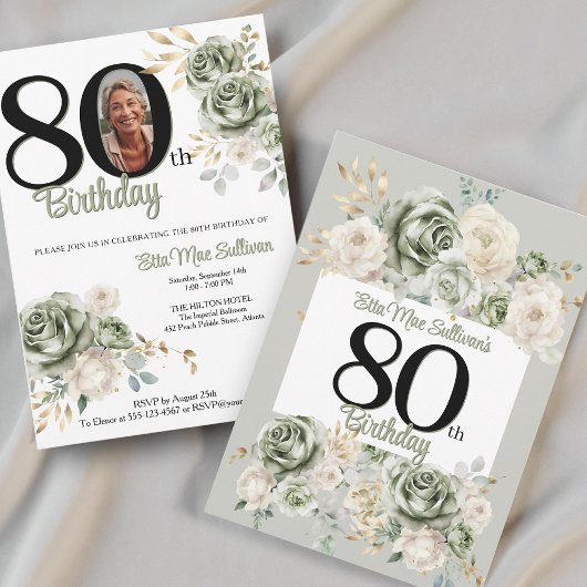 Invitation Ivory Sage vert Roses Floral 80e anniversaire Phot