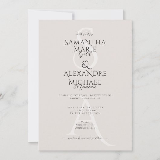 Invitation Ivory Script Classy Contemporary Monogram Mariage (Devant)