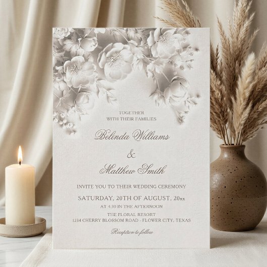 Invitation Ivory Sculpté Roses Fleuries 3D Mariage