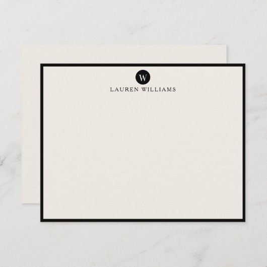 Invitation ivory, Single Initial  Black Border Note card (Devant / Derrière)