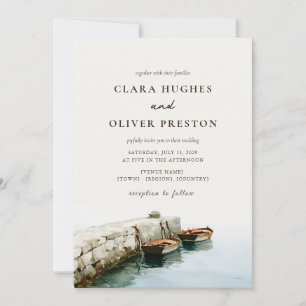 Invitation Ivory Slate Blue Script Amalfi Coast Bateau Mariag