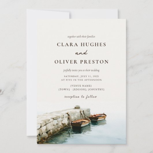 Invitation Ivory Slate Blue Script Amalfi Coast Bateau Mariag (Devant)
